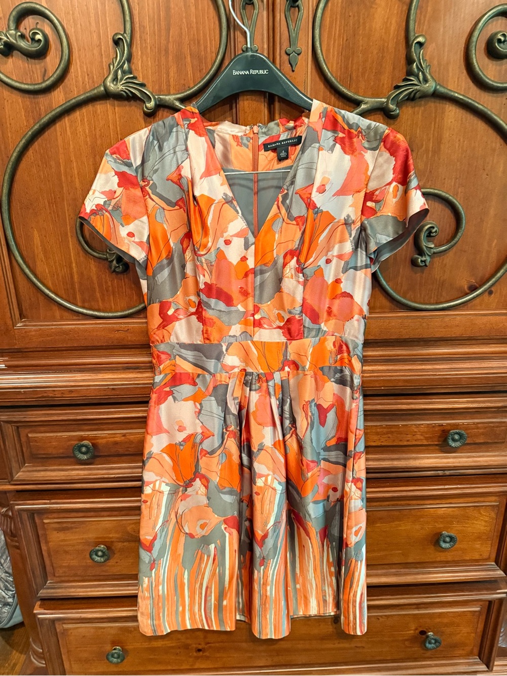 Banana Republic Silk Orange Abstract Print V-Neck Dress